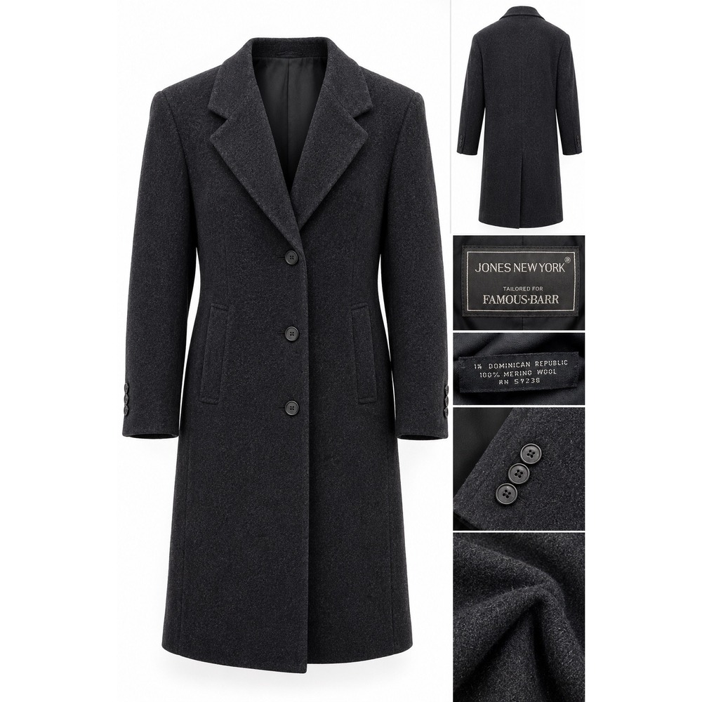 Vintage Jones New York Famous-Barr Merino Wool Charcoal Gray Long Trench Coat